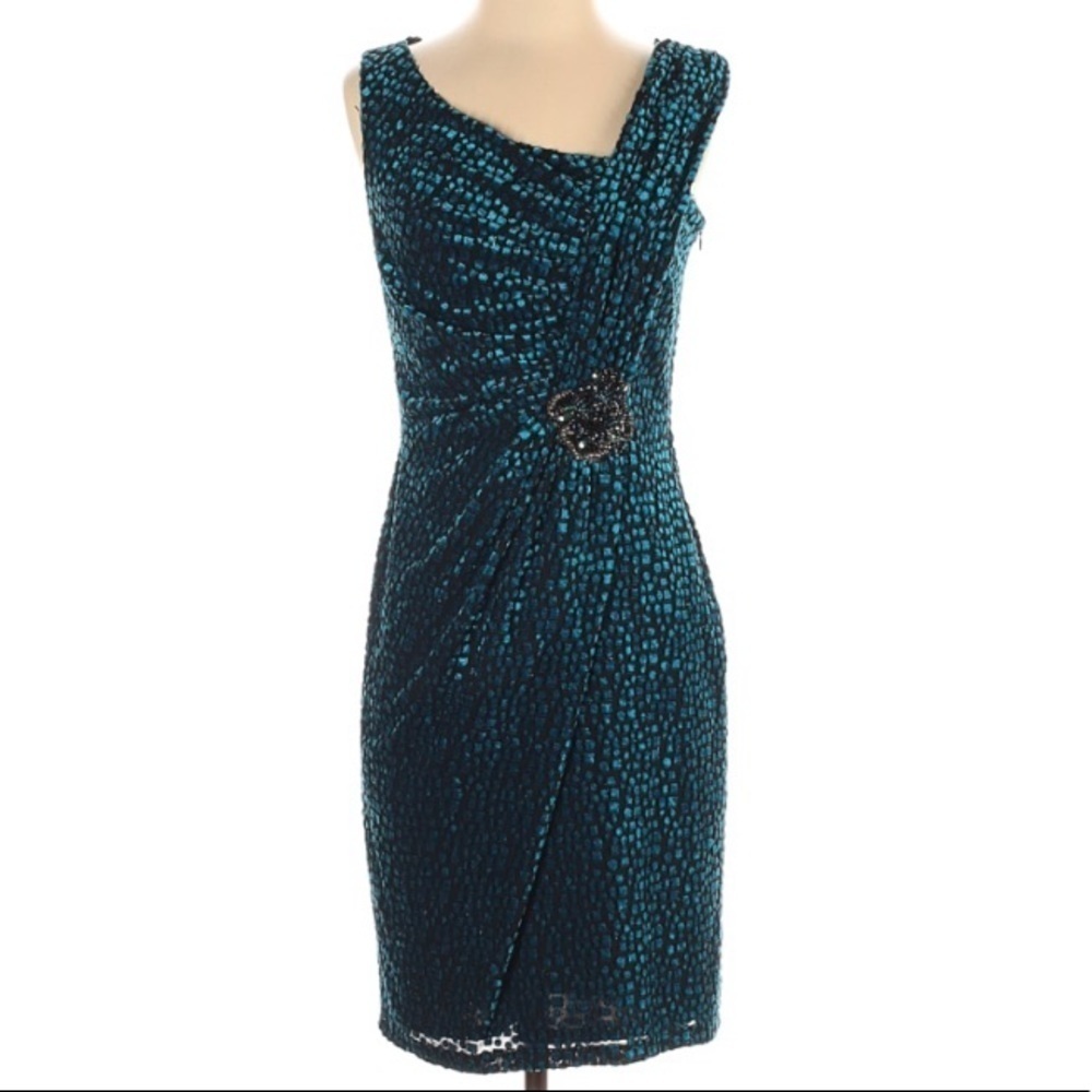 David Meister Metallic blue crushed Velvet Cocktail Dress fitted women’s Small